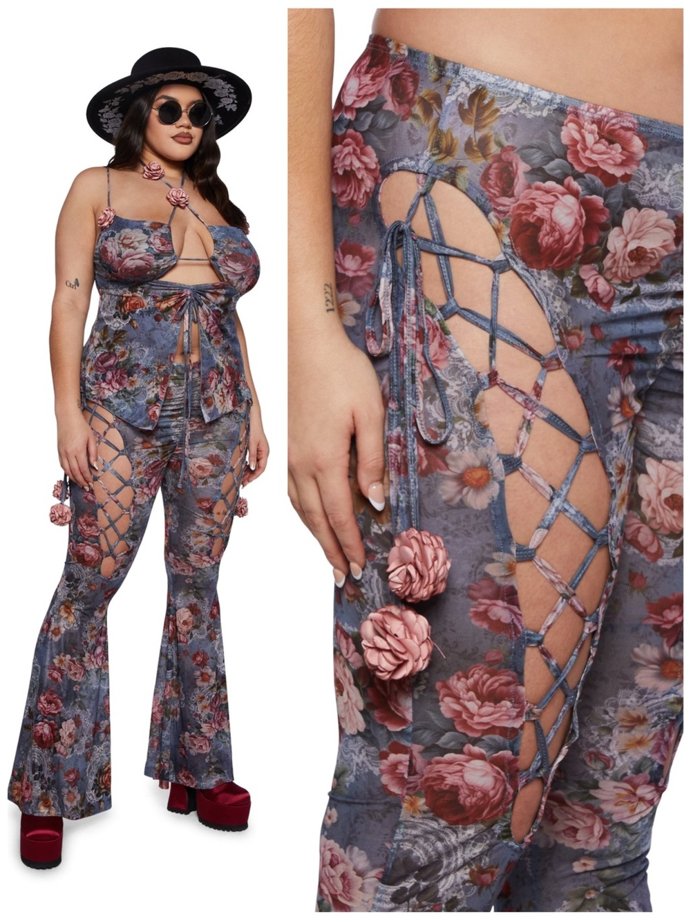 DOLLS KILL Current Mood Women’s Size 3X Floral Mesh Balcony Serenade Flare Pants - Picture 12 of 12